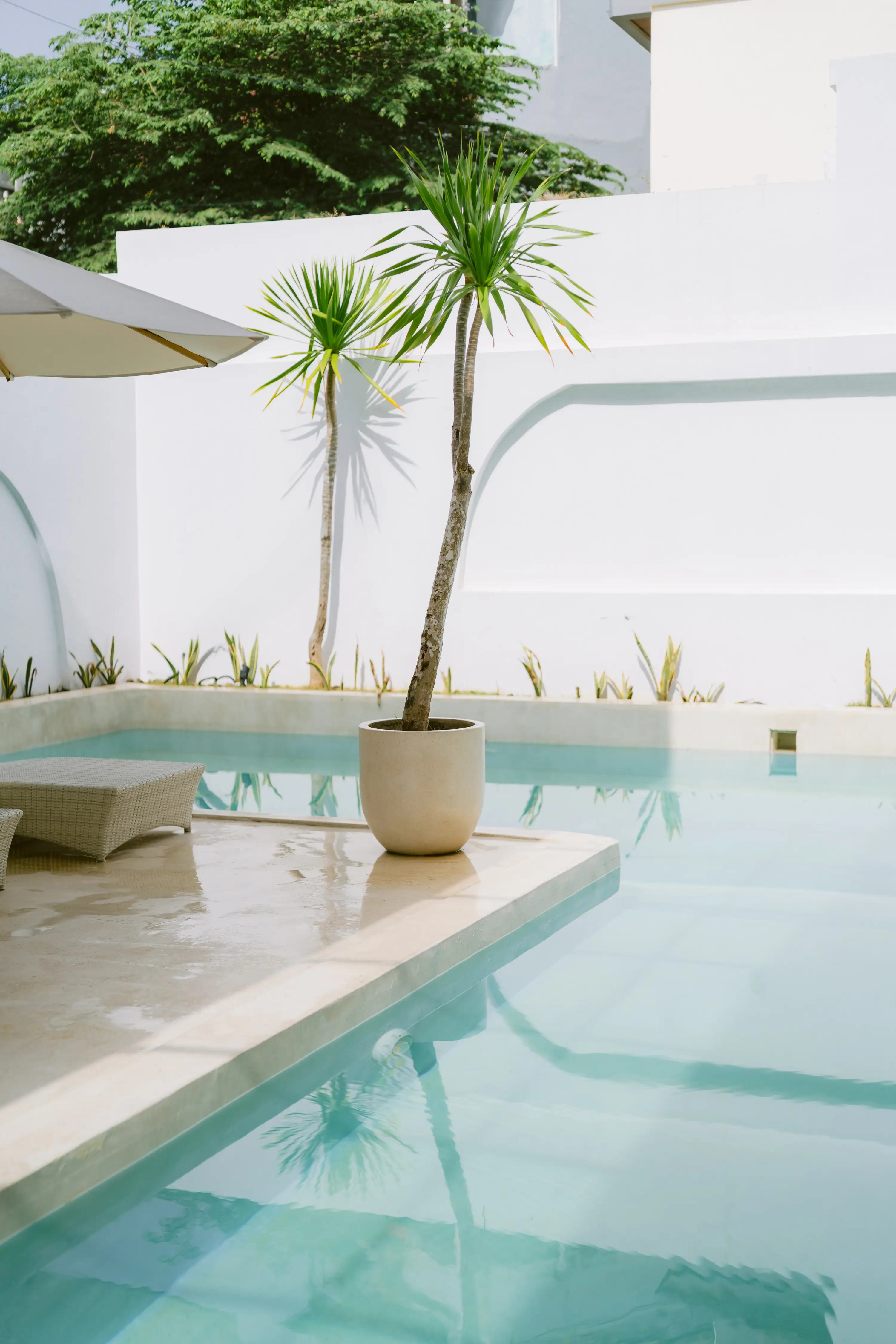 Bathroom with carved black stone basin and oval mirror